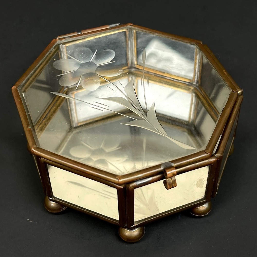 Vintage Octagon Brass Glass Trinket Jewelry Box Gold Etched Floral Footed